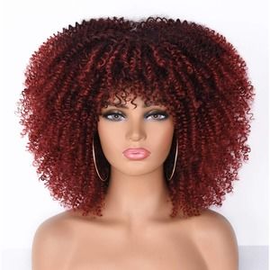Afro Curly Short Wig Red With Bangs